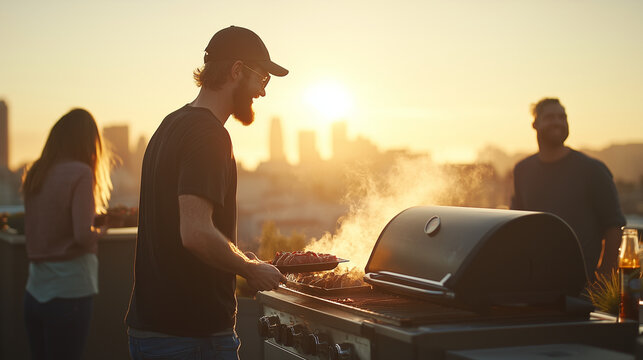 During a sunset rooftop BBQ, a man cooks meats on the grill while friends gather around, with the warm hues of the setting sun enhancing the cozy and festive atmosphere, photo