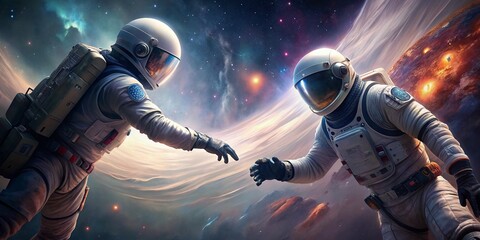 5K Realistic 3D Illustration of Astronauts Touching Hands in Deep Space