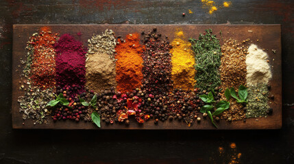 Colorful spices and herbs spread out on a wooden board, showcasing a variety of textures and hues