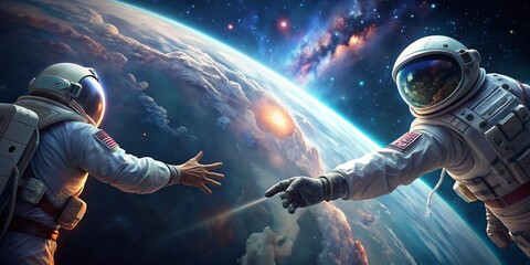 5K Realistic 3D Illustration of Astronauts Touching Hands in Deep Space