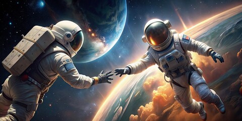 5K Realistic 3D Illustration of Astronauts Touching Hands in Deep Space