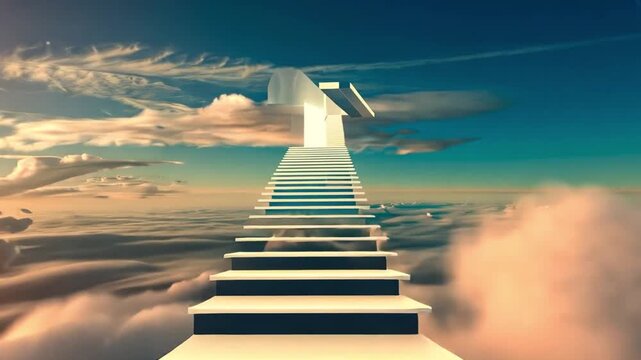 Surreal 3D staircase in the clouds with impossible angles, perfect for artistic projects, ads, and conceptual visuals.