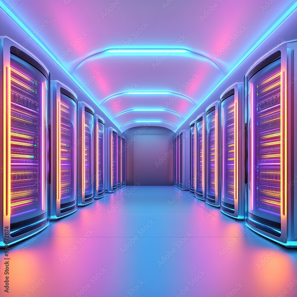 Poster futuristic server room with colorful neon lights illuminating rows of advanced data servers. high-te