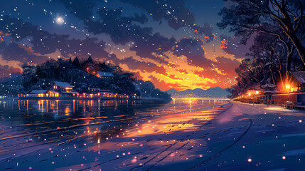 Snowy Lakeside Village at Twilight with Starry Sky