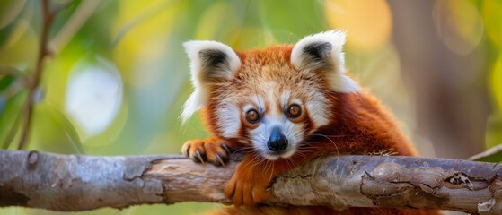  A tight shot of a small red panda on a tree branch against softly blurred foliage background