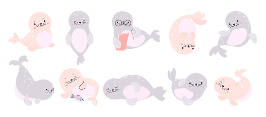 Funny polar seal. Baby arctic animal eat read play. Children mascots, underwater mammals funny characters. Sea ocean animals nowaday vector clipart © MicroOne