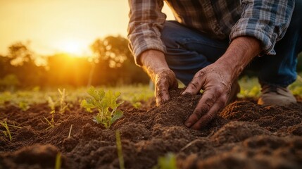 Closeup of Farmer's Hands Cultivating Soil for New Growth