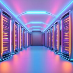 Fototapeta premium Futuristic server room with colorful neon lights illuminating rows of advanced data servers. High-tech and modern data center.