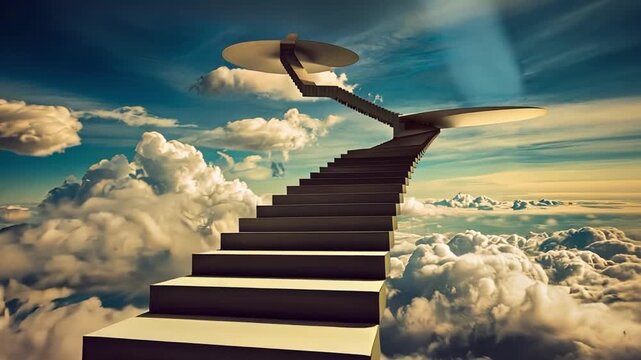 Surreal 3D staircase in the clouds with impossible angles, perfect for artistic projects, ads, and conceptual visuals.