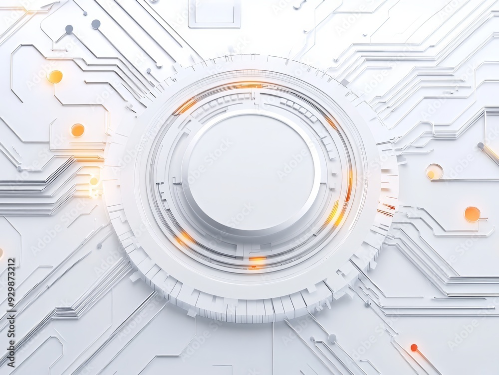 Poster futuristic white circuit board with circular design and glowing orange lights representing advanced 