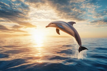 A dolphin gracefully leaps above the shimmering ocean surface at sunset, creating a stunning and serene marine scene.