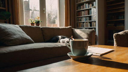 Immersed in a Novel with Tea and a Sleeping Cat