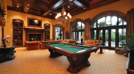 A luxurious living room with a pool table, fireplace, and large windows.