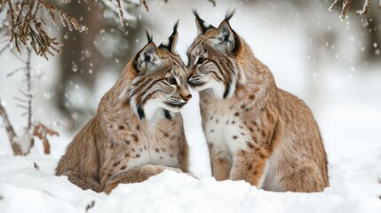 Obraz premium Two Lynx in Snowy Forest