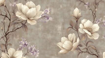 A floral pattern featuring soft-colored magnolia and purple flowers on a textured background.
