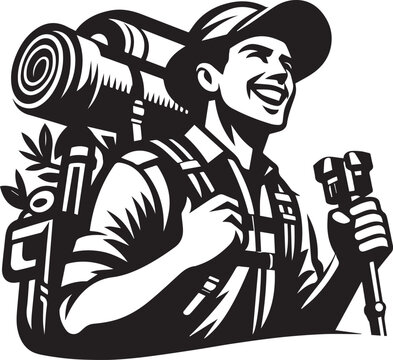 recommend clip art: Happy hiker with backpack Vector Illustration Silhouette