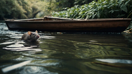A Rat Sailing Across the River in a Natural Boat