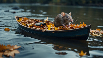 A Rat Sailing Across the River in a Natural Boat