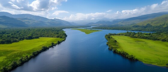 Fototapeta premium An aerial perspective of a river meandering through a verdant valley beneath a blue sky adorned with fluffy white clouds