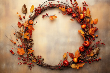 An elegant autumn wreath made from vibrant leaves, berries, and apples showcases seasonal beauty