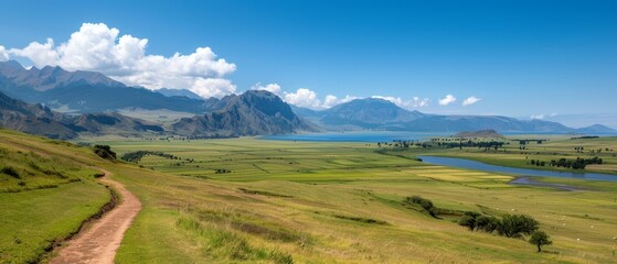 Fototapeta premium A grassy expanse with a winding dirt trail, culminating in a distant body of water and backdropped by towering mountains