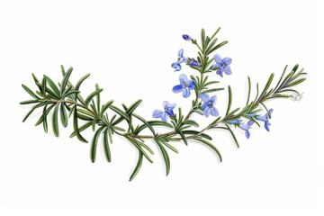 A botanical illustration of a rosemary plant, highlighting its needle-like leaves and small, blue flowers.