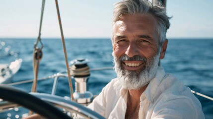 Fototapeta premium A smiling individual at the helm of a sailboat, enjoying the sunny day on the open sea