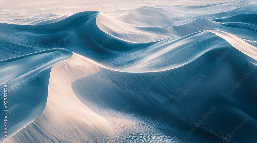 Poster aerial view of vast desert dunes, showcasing the flowing lines and soft curves of the sand formation