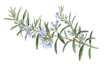Fototapeta premium A botanical illustration of a rosemary plant, highlighting its needle-like leaves and small, blue flowers.
