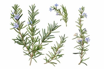 Fototapeta premium A botanical illustration of a rosemary plant, highlighting its needle-like leaves and small, blue flowers.