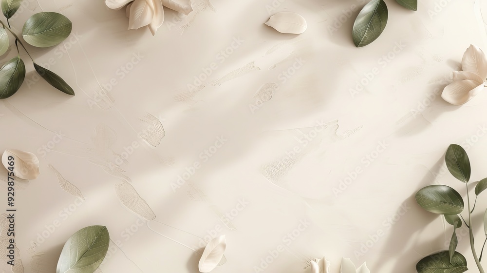 Poster a soft beige backdrop features graceful leaves and white petals, creating a tranquil and elegant amb
