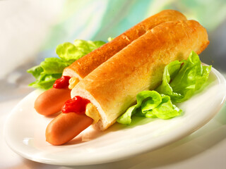 Hot Dog, Würstchen, Ketchup, Salat, Imbiss, 
