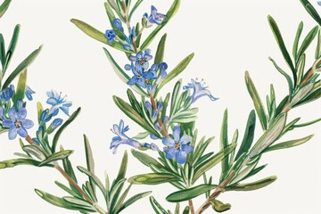 Fototapeta premium A botanical illustration of a rosemary plant, highlighting its needle-like leaves and small, blue flowers.