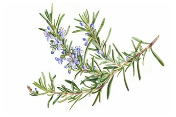 A botanical illustration of a rosemary plant, highlighting its needle-like leaves and small, blue flowers.