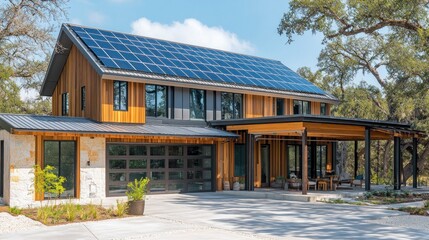 Naklejka premium Modern home with solar panels, a large garage door, and a covered patio.