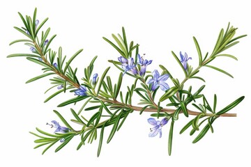 Fototapeta premium A botanical illustration of a rosemary plant, highlighting its needle-like leaves and small, blue flowers.