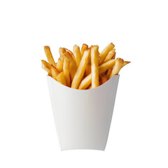 Crispy French fries served in a white paper bucket, perfect for snacking during lunch or dinner