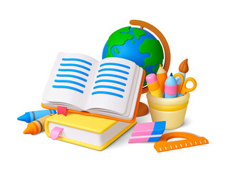 Education 3d concept. Open book, glass with stationery and globe. Realistic school tools icons, college lesson. Educational pithy vector scene © MicroOne