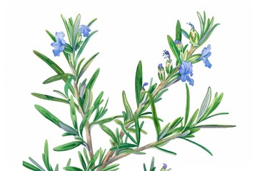 Fototapeta premium A botanical illustration of a rosemary plant, highlighting its needle-like leaves and small, blue flowers.