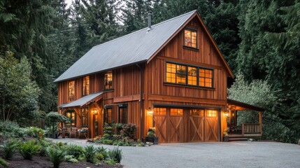 Fototapeta premium A wooden cabin with a metal roof, lit up in the evening surrounded by lush trees.