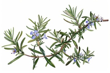 Obraz premium A botanical illustration of a rosemary plant, highlighting its needle-like leaves and small, blue flowers.
