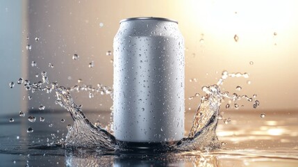Blank white aluminum 330 ml soda can with drops splash mockup