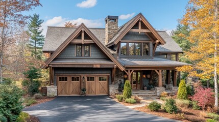 A beautiful wooden and stone house with a garage door, walkway, and lush landscaping.