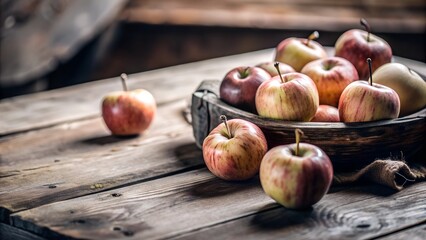 Close-Up of Cider Apples on Rustic Wooden Table, Fresh Harvest Concept