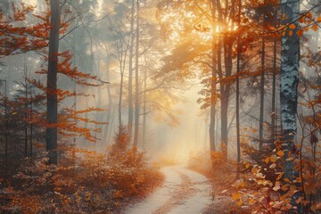 Obraz premium Breathtaking autumn landscape with vibrant trees, colorful leaves, and tranquil nature...