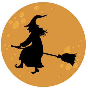 witch flying broom orange moon silhouette