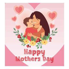Mother hugs her son. Mother's day with floral decoration. Flat vector illustration.