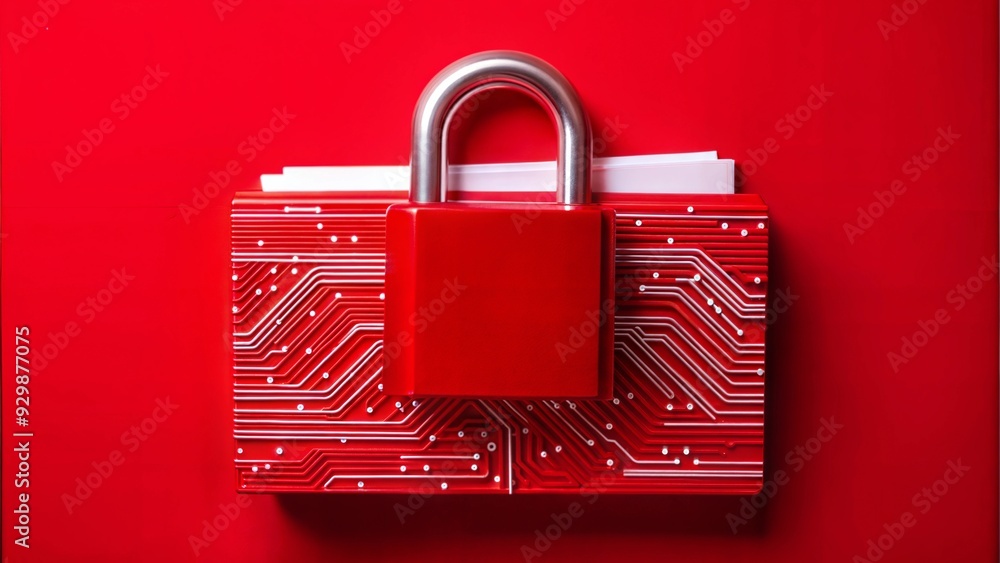 Poster data fortress: a striking red padlock secures sensitive files on a circuit board, symbolizing robust