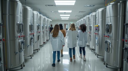 A group of scientists walk through a long hallway filled with large metal tanks