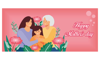Grandmother, mother and daughter celebrate happy mother's day. Happy family of three generations hugging with love. Flat vector illustration.